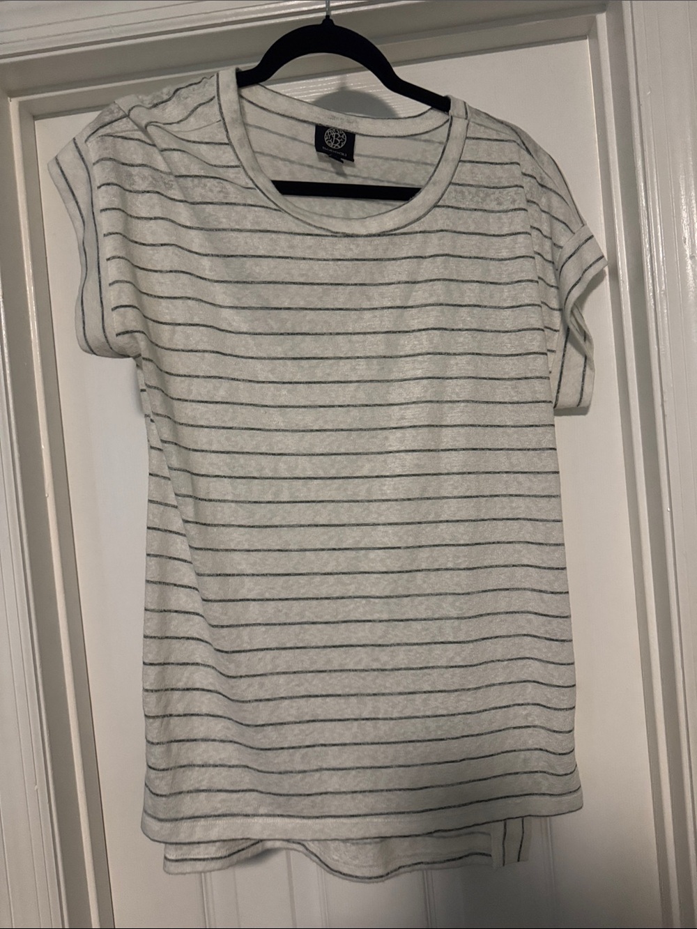 bobeau White and Black Thin-Stripe Crewneck Top